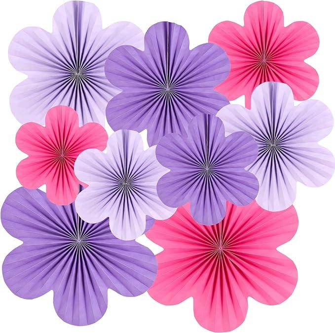 SUNBEAUTY Paper Flowers Decorations for Wall, Purple and Pink for Wall Paper Flower Fan Classroom Decoration Paper Floral Backdrop Decor Paper Fans Decoration Hanging Paper Flower Wall Decor Set of 9