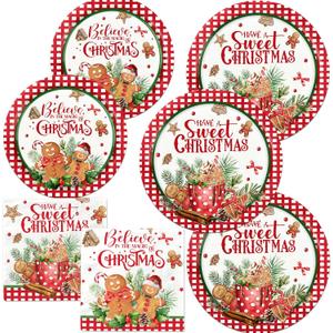 Christmas Gingerbread Plates and Napkins,Christmas Decorations Red Black Buffalo Plaid Ice Cream Sweet Christmas Gingerbread Man Tableware for Xmas Winter Holiday Party Supplies Decor
