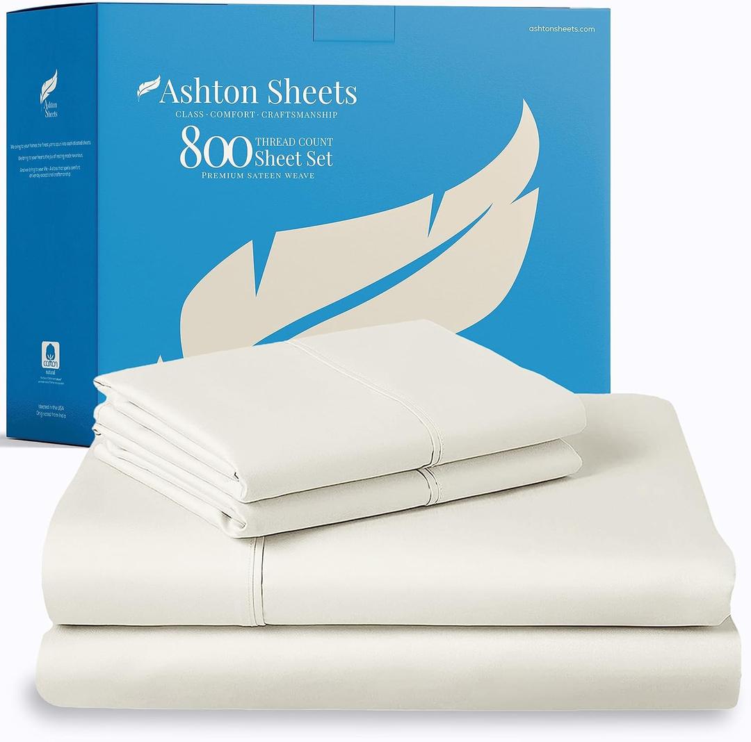 Ashton Sheets 100% Egyptian Cotton Sheets Twin XL Size Bed Set - 3 PC 800 High Thread Count Egyptian Cotton Twin XL Sheet Set (Ivory) Soft, Cooling, 16" Deep Pocket Sateen Weave Luxury Hotel Bedsheet