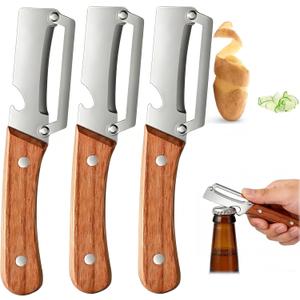 Multifunctional Vegetable Peeler,Stainless Steel Peeler with Wooden Handle& Bottle Opener, 3 in 1 Vegetable Peeler for Kitchen, Zero Snag Wooden Kitchen Tool for Potato, Apple (3PC)