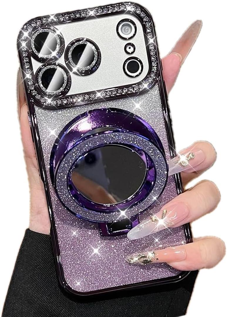 for iPhone 17 Pro Magnetic Case, [Compatible with Magsafe] Kickstand Shockproof Glitter Girls Woman Cute Bling Cover Makeup Mirror Ring Holder with Camera Protector for iPhone 17 Pro, Purple