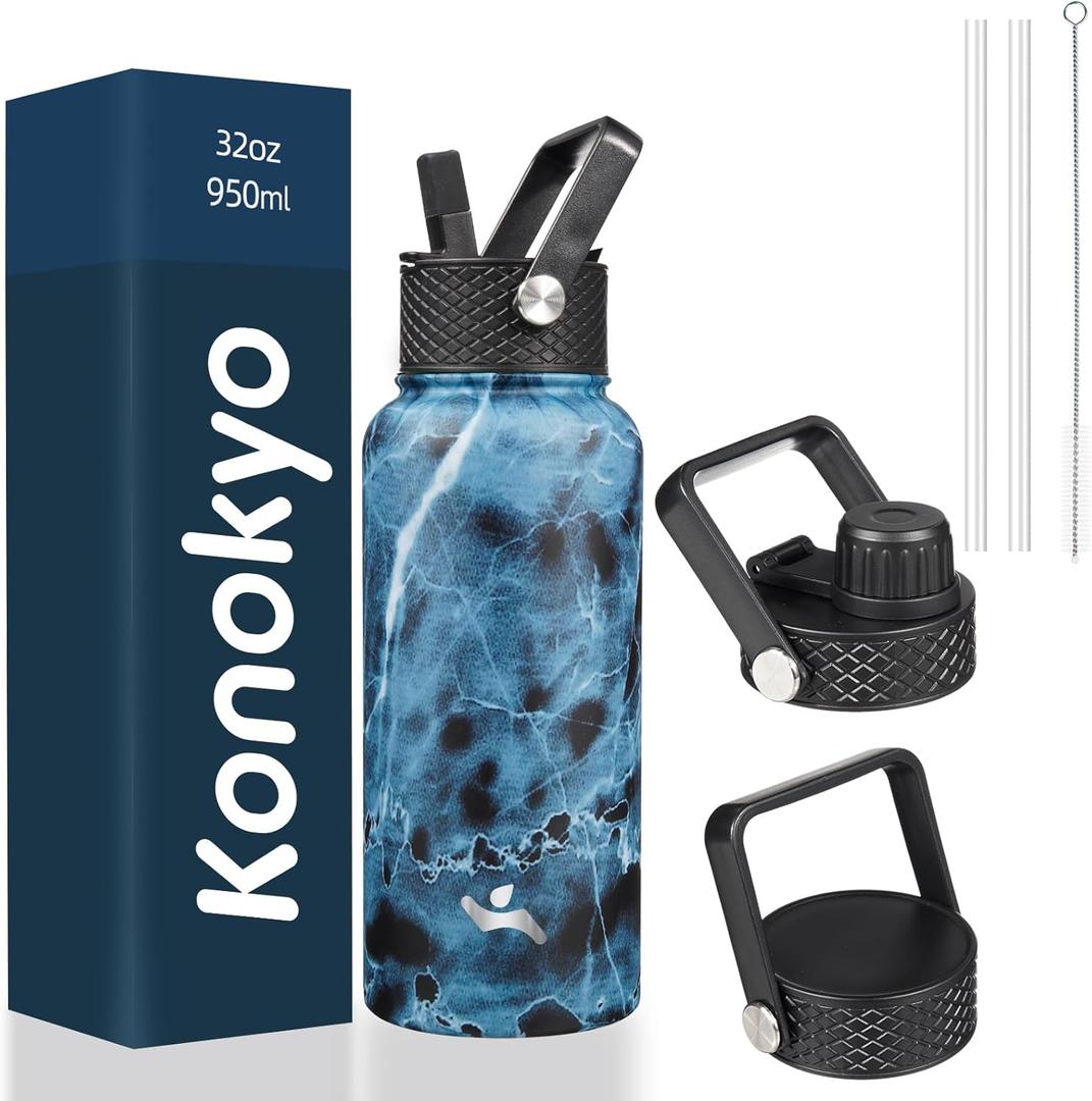 Konokyo 32 oz Insulated Water Bottle Stainless Steel Sport Bottles with 3 Lids,Marble Ocean