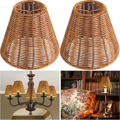 GO&SO 2 Pack Rattan Clip-On Small Lamp Shades, 3" Top x 6" Bottom x 5.25" Height, Handcrafted Rattan Lamp Shade, Fits E12/E26 Bulbs, Ideal for Chandelier, Accent Lamps, Wall Sconces, Small Table Lamps