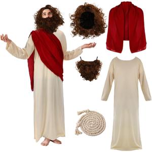 Ramede 4 Pcs Halloween Sage Costume Adult Classic Robe Wig Mustache Scarf Shawl Waist Rope Set for Men