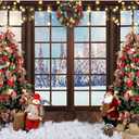DASHAN 10x8ft Christmas Tree Window Backdrop Winter Snow View Photo Background for Christmas Santa Claus Snowman Backdrop Banner Photography Studio Props Christmas Tapestry