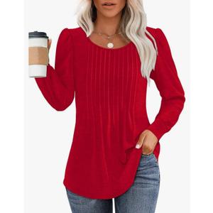 OFEEFAN Long Sleeve Shirts for Women Fall Tops Dressy Casual Blouses Pleated Scooped Neck Tunic Tops for Leggings S