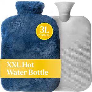 Qomfor XXL Large Hot Water Bottle with Faux Fur Cover  Cozy 3L Hot Water Bottle for Bed Warming, Pain Relief, Cramps & Back Pain  Durable, Safe, & Long-Lasting Water Hot Bottle for Sleeping (Blue)