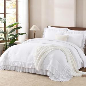 Andency White Comforter Set Queen Size, Lightweight Fluffy Farmhouse White Ruffle Bedding Set, Soft Microfiber All Season Shabby Chic Bed Comforter Set 3 Pieces(1 Ruffle Comforter 2 Pillowcases) (Queen (90"x90"))