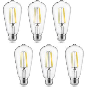 Vintage LED Edison Bulbs, 6W, Equivalent 60W, High Brightness Cool White 4000K, ST58 Antique LED Filament Bulbs with 90+ CRI, E26 Medium Base, Dimmable, Clear Glass, Pack of 6
