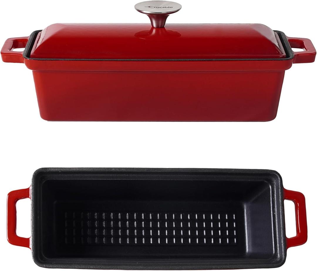Enameled Cast Iron Bread Pan with Lid - Red - Oven Safe Form for Baking and Cooking - Loaf Pan