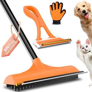 Carpet Rake for Pet Hair Removal - 3 in 1 Pet Hair Remover Tool with 58" Adjustable Long Handle, Reusable Dog & Cat Carpet Scraper,Pet Hair Remover for Rugs,Mats,Couch,Curtains(Orange)