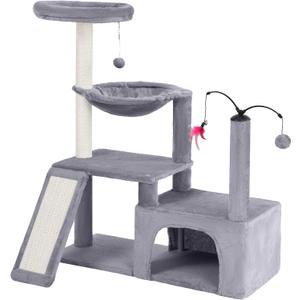 YUNIQUE Multi-Functional Cat Tree Tower, Big Cat Condo with Scratching Board, Rotating Toy & Deep Hammock, Luxury Perch Kitty Furniture for Indoor Cats (Grey)