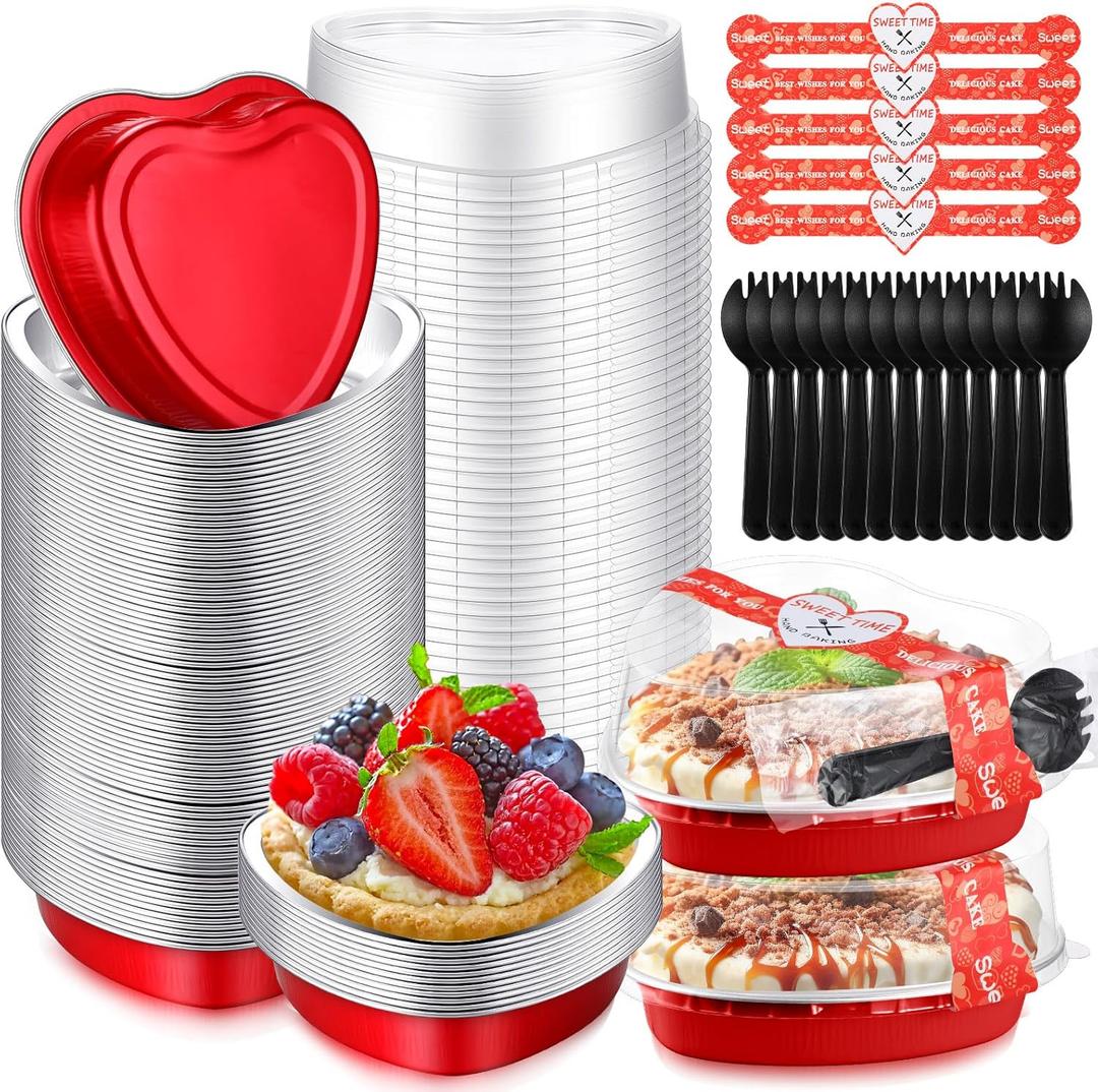 Yinkin 50 Sets 9 oz Mother Day Heart Shaped Cake Pans, 5.4'' Heart Aluminum Foil Cupcake Pans with Lids Spoons Sealing Sticker Disposable Dessert Baking Pan for Wedding Birthday Party(Red)