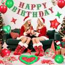 Red Green Happy Birthday Balloons Decorations Christmas Birthday Balloon Letters Banner with 6 Pcs Star Balloons Artificial Rose Petal 24 Flameless LED Candles for Room Hotel Party Supplies