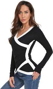 AmélieBoutik Women Color Trim V Neck Faux Wrap Pleated Detail Blouse
 XL