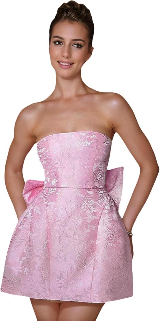 JUMISEE Embroidery Satin Homecoming Dress with Bow Modest Strapless Mini Dresses A Line Short Prom Dress Party Gown (Medium, Pink)