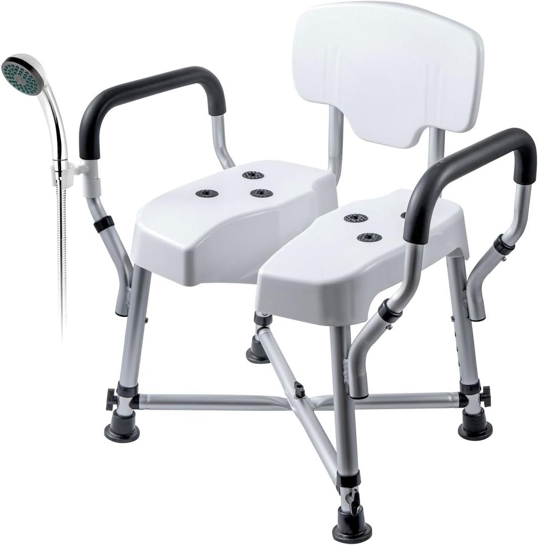 MyGift Professional-Grade Heavy Duty Shower Chair for Inside Tub with Back, Padded Armrests, Showerhead Holder & Hygienic Cutout Cushion, Adjustable Height & Non-Slip Legs, 400 lb Capacity Bath Seat