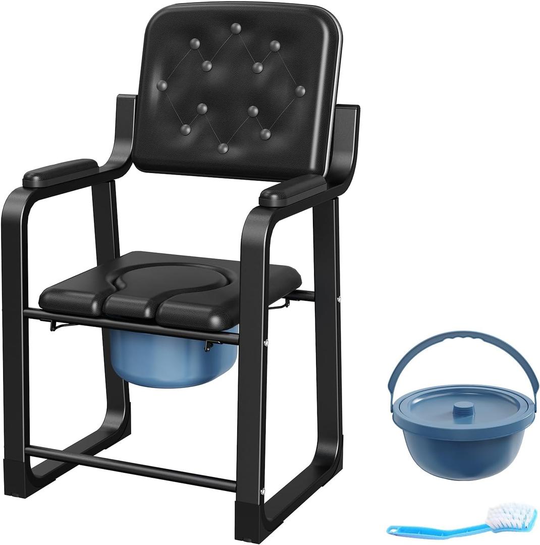 Heavy Duty Bedside Commode Chair, High Backrest PU Leather Armchair with Extra Soft Padded Cushion, Elderly Safety Toilet Seat for Living Room Bedroom, Supports up to 350lbs (Black)