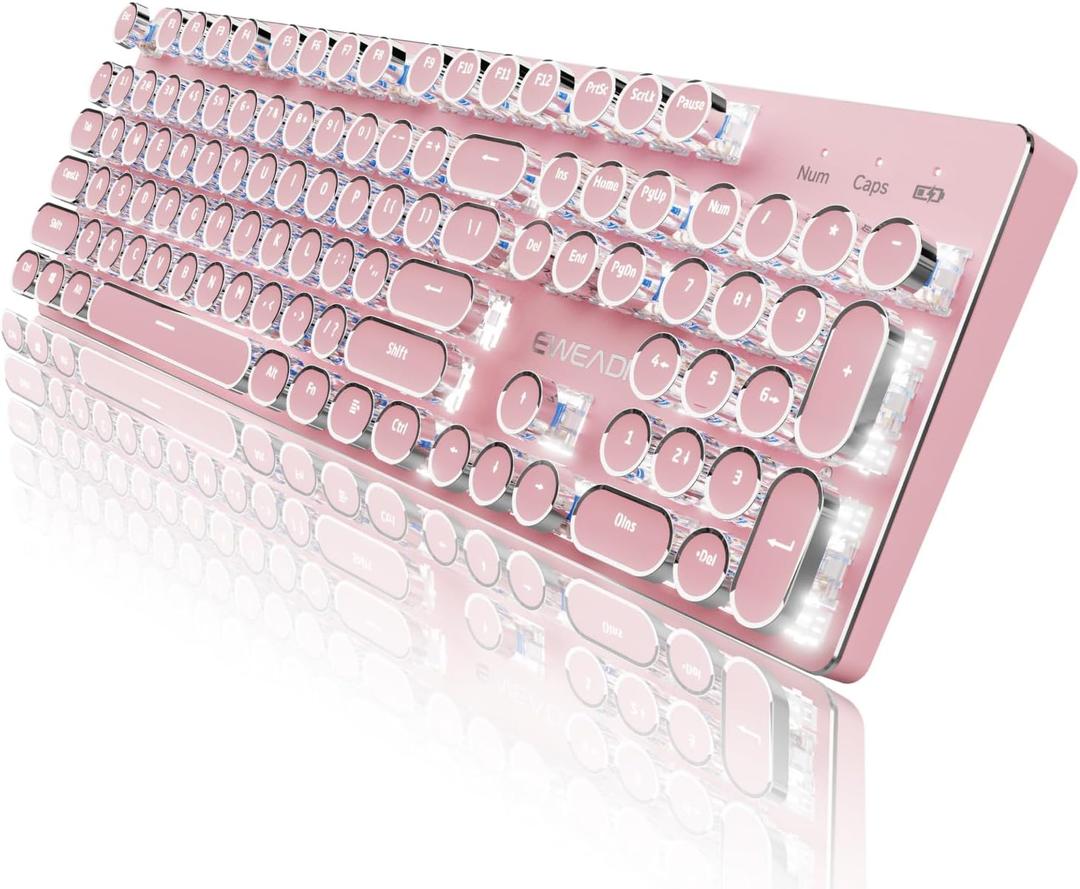 EWEADN TK950 Wireless Typewriter Mechanical Keyboard, Rechargeable Gaming Keyboard with White Backlit, 104 Retro Round Keys, Blue Switches, Bluetooth/2.4G/Wired Keyboard for Windows/Mac/PC-Pink