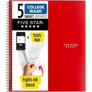 Five Star Spiral Notebook + Study App, 5 Subject, College Ruled Paper, 8-1/2" x 11", 200 Sheets, Fights Ink Bleed, Water Resistant Cover, Fire Red (72077)