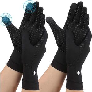 2 Pairs Compression Full Finger Arthritis Gloves, Copper Glove with Touch Screen Fingers for Everyday Support, Hand Joint Pain, Carpal Tunnel, Tendonitis, Trigger Finger, Fit for Men & Women (Small) (Black)