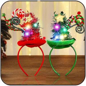 Yean Christmas Tree Headband Light Up Christmas Tree Tinsel Glow Hat Holiday Costume Accessories for Women and Girls (Pack of 2)