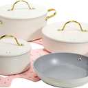 Paris Hilton Iconic Nonstick Pots and Pans Set, Multi-layer Nonstick Coating, Matching Lids With Gold Handles, Made without PFOA, Dishwasher Safe Cookware Set, 10-Piece, Cream