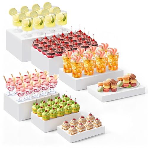 Leinuosen 7 Pcs Large Buffet Risers Set 6" to 12" Rectangle Acrylic Display Box Catering Dessert Table Riser Food Display Decorative Stand with Hollow Bottom for Catering Supplies(White)