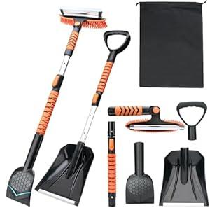 43.3'' Snow Shovel & Snow Brush with Ice Scrapers for Car Windshield,5-in-1 Extendable Thicken Aluminum Tube,180 Pivoting Brush Head & Foam Grip for Christmas, Cars, Trucks, SUVs, Vehicle