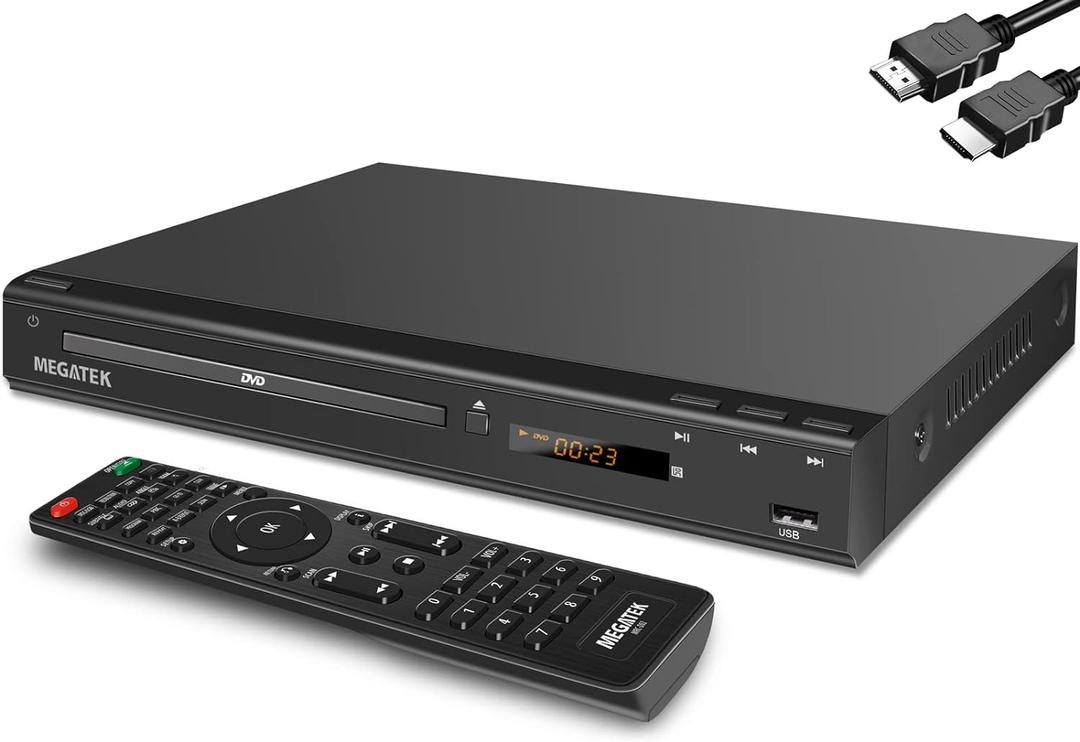 MEGATEK Region-Free HDMI DVD Player for TV, Compact CD/DVD Player for Smart TV, USB Port, Plays All Region DVDs & Multi Formats, Metal Housing, HDMI/RCA Cables & Remote Included