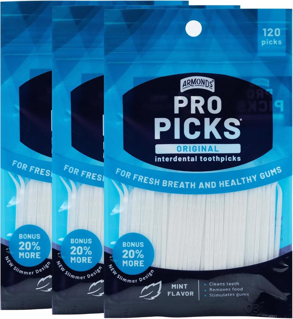 ProPicks Original Dental Picks for Teeth Cleaning - Disposable Plastic Toothpicks for Teeth & Gums - Cleans Teeth & Massages Gums - Fresh Mint Flavor - 3 Packages x 120 Interdental Tooth Picks