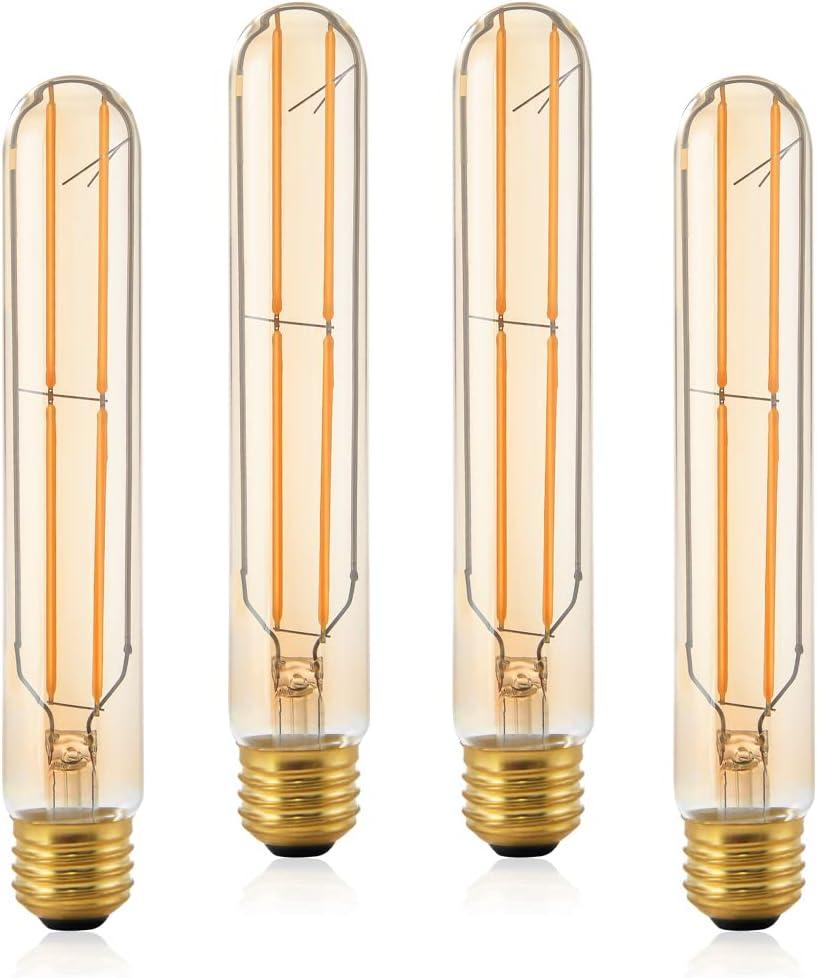 VCTC Lighting E26 LED Bulb Dimmable Amber Tubular Edison Bulb, 6W Equal 60 Watt Light Warm 2200K,T10 for Rustic Pendant,Industrial Wall sconces Bulbs ,7.3in(185mm),4-Pack