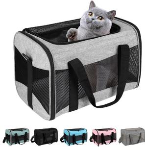 Cat Carrying Case - Pet Carrier Airline Approved, Protable and Breathable Pet Travel Carrier Removable Fleece Pad, Collapsible Cat Carrier Dog Carrier for Medium Cats Small Cats Dogs (Grey&Black M) (17.0"L x 11.0"W x 11.0"H)