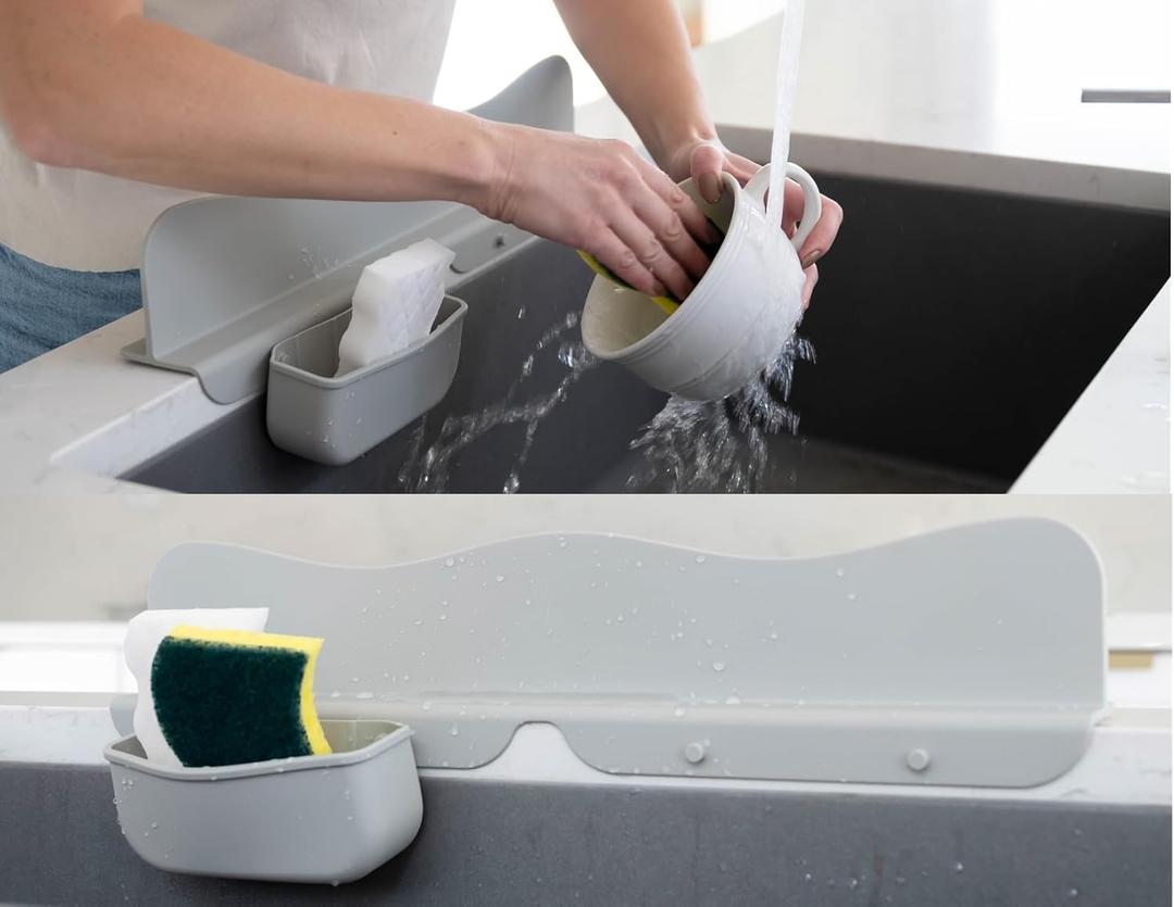 Silicone Sink Splash Guard with Sponge Holder -19.5" x 4.5" x 2.5" Sink Silicone Splash Guard with Strong Suction - Sink Edge Protectors for Kitchen Sink - Farmhouse Kitchen Sink Splash Guard - Gray