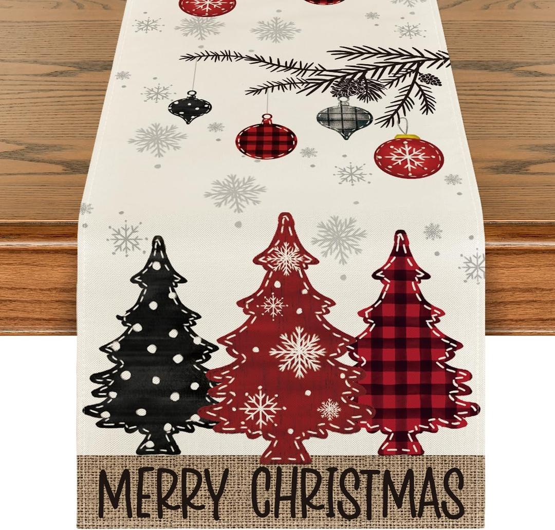 Artoid Mode Red Pine Trees Merry Christmas Table Runner, Winter Xmas Holiday Kitchen Dining Table Decoration for Home Party Decor 13x72 Inch