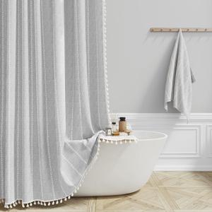 BTTN Boho Farmhouse Shower Curtain - Linen Rustic Heavy Duty Striped Fabric Shower Curtain Set with Tassel, Bohemian Vintage Country Cloth Shower Curtains for BathroomGrey72" W x 78" L (Pack of 1)