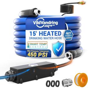 15ft Heated Water Hose for RV - Heated Drinking Water Hose with Energy-Saving Thermostat, Water Line Freeze Protection Down to -40°F/-40°C, Heated Garden Hoses with Adapter, Lead and BPA Free