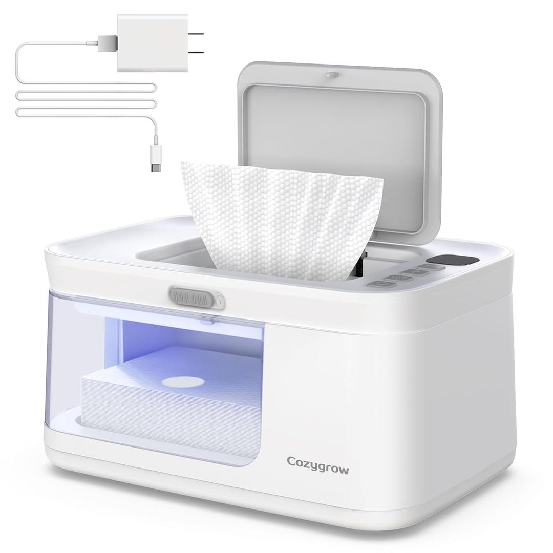 Baby Wipe Warmer Baby Wet Wipes Dispenser, Cozygrow Diaper Wipe Warmer with LED Light & Transparent Viewing Window, Adjustable 95-131, 1.5 Meter Plug Cord
