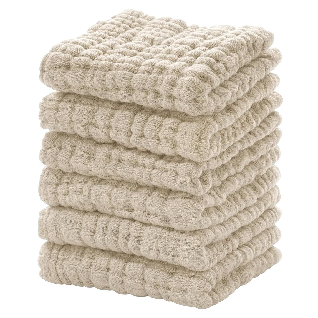 Looxii Muslin Baby Washcloths 6 Pack, 100% Cotton Baby Wash Cloths for Baby Face Body, 12x12 inches Large Soft Absorbent Face Towels for Newborns (Cream)