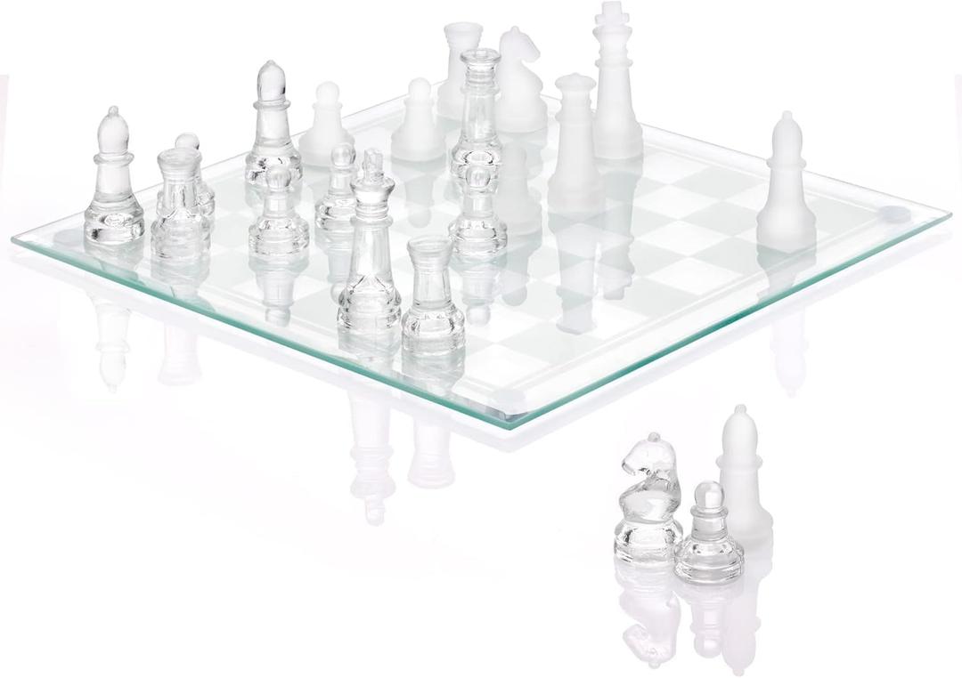 Fine Glass Chess Set, Modern Clear Chess Board Set with Solid Clear & Frosted Glass Chess Pieces | 12'' Crystal Chess Board Set, Felt Padding Included
