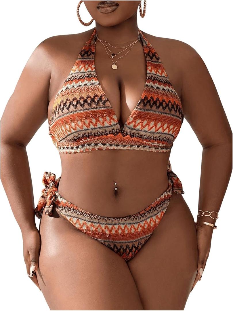 SOLY HUX Women's Plus Size Bikini Sets Halter Deep V Neck Piece 2 Bathing Suits Print Sexy Swimsuits Orange Geo 1XL