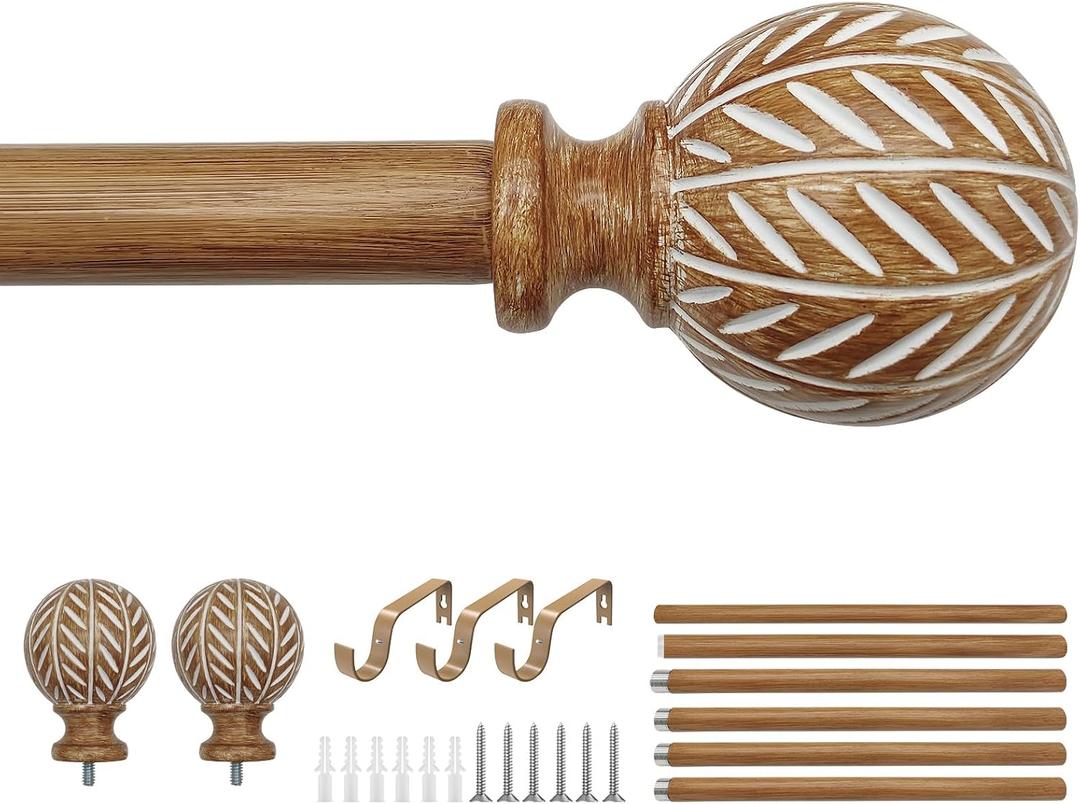 Wood Curtain Rod for Windows 48" to 84" Adjustable Heavy Duty Curtain Rod with Imitation Wood Grain Leaf Pattern Finials, Boho Single Curtain Rod for Living Room, Bedroom, Kitchen, Farmhouse