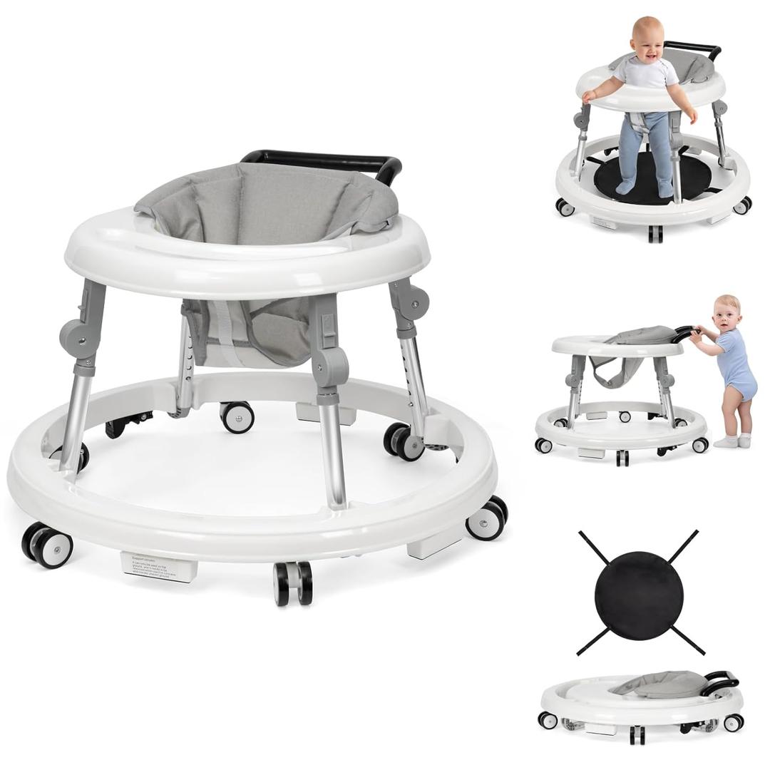 Baby Walker Foldable with 9 Adjustable Heights, Baby Walker with Wheels Portable, Infant Toddler Walker for Baby Boy Girls 6-18 Months (White)