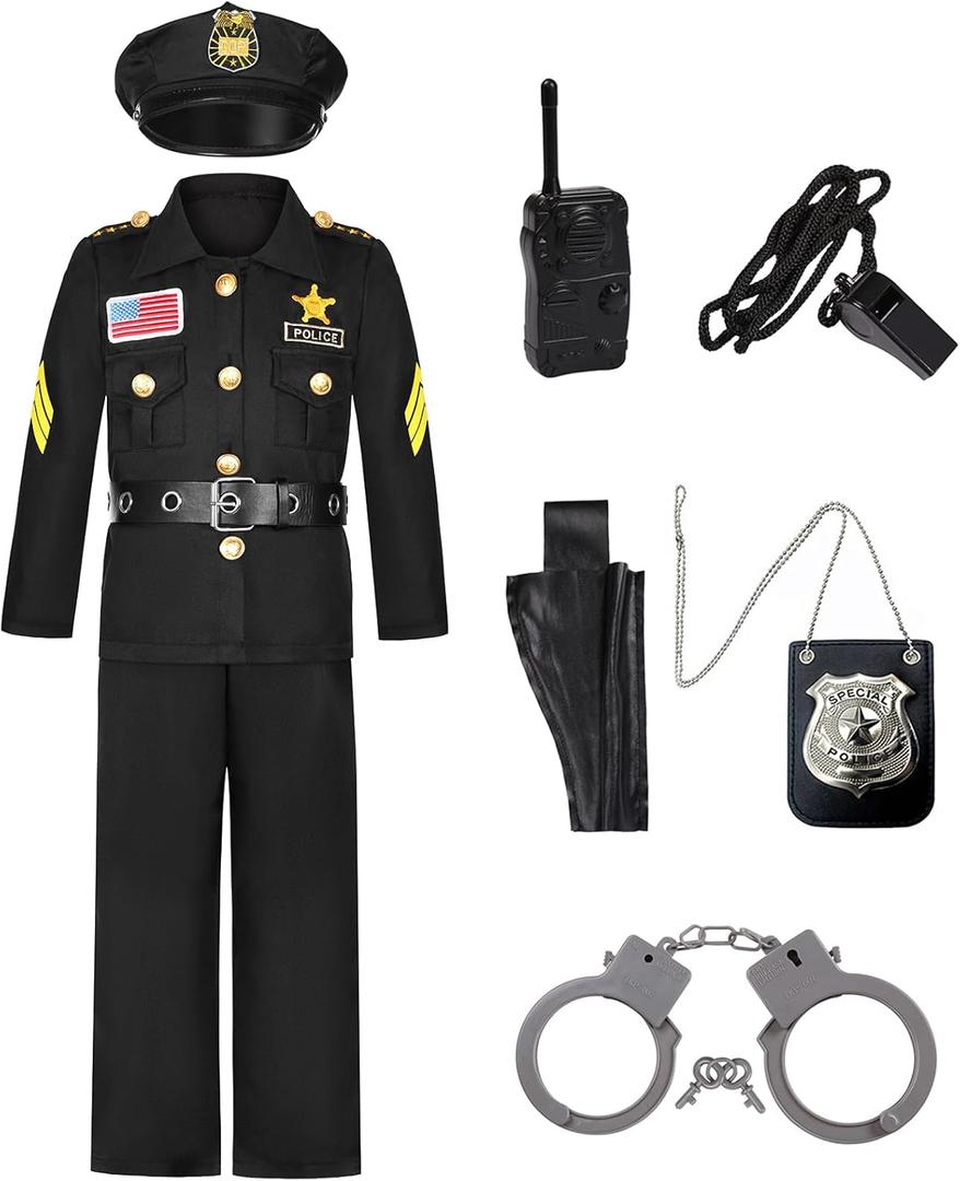 Kids Police Costume Deluxe Police Officer Costume Cop Outfit Set for Boys Girls Halloween Cosplay Dress Up (8-10 Years)
