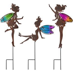 Metal Fairy Garden Stakes Decor,Charming Fairy with Colorful Wing Metal Stakes,Yard Art,Garden Outdoor Lawn Pathway Patio Ornaments,Outdoor Decor,Garden Decor