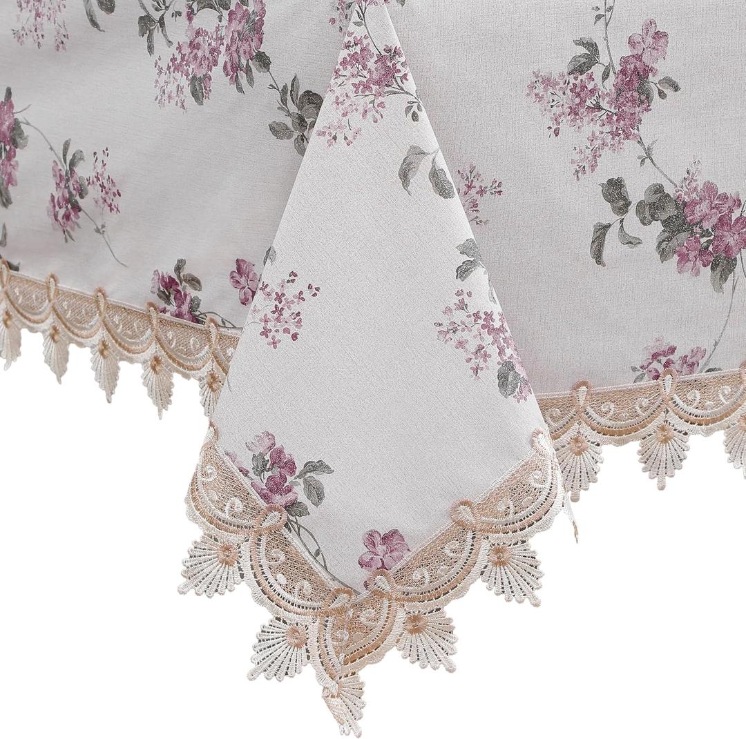 Walrus Heavy Duty Vinyl Tablecloth Elegant Floral Lace-Trimmed Tablecloth Vintage Flower Pattern, Waterproof Oil-Proof Plastic Table Cloth Stain-Resistant Wipeable(Purple Floral, 60X60 Inch)