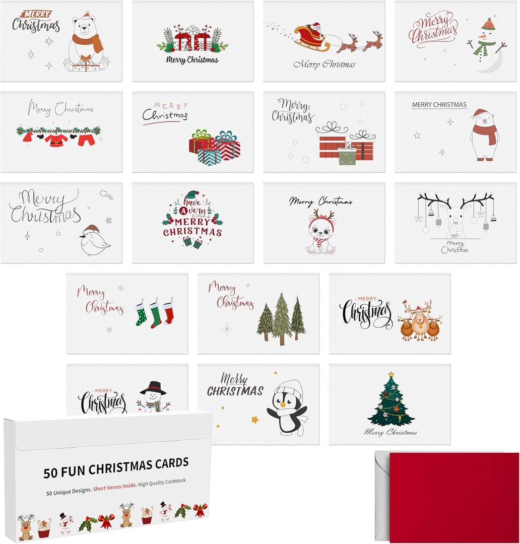 Dessie 50 Unique Christmas Cards Boxed with Envelopes & Stickers, 4 x 6 Holiday Cards for Kids Charity Work Employees Clients, Bulk Variety Pack