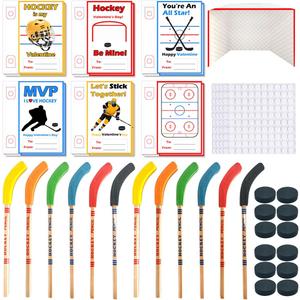 12 Pack Hockey Valentine's Day Cards, Pencils with Erasers, Mini Hockey Pucks, Hockey Goal for School Classroom Gift Exchange, Valentine Party Favor Supplies