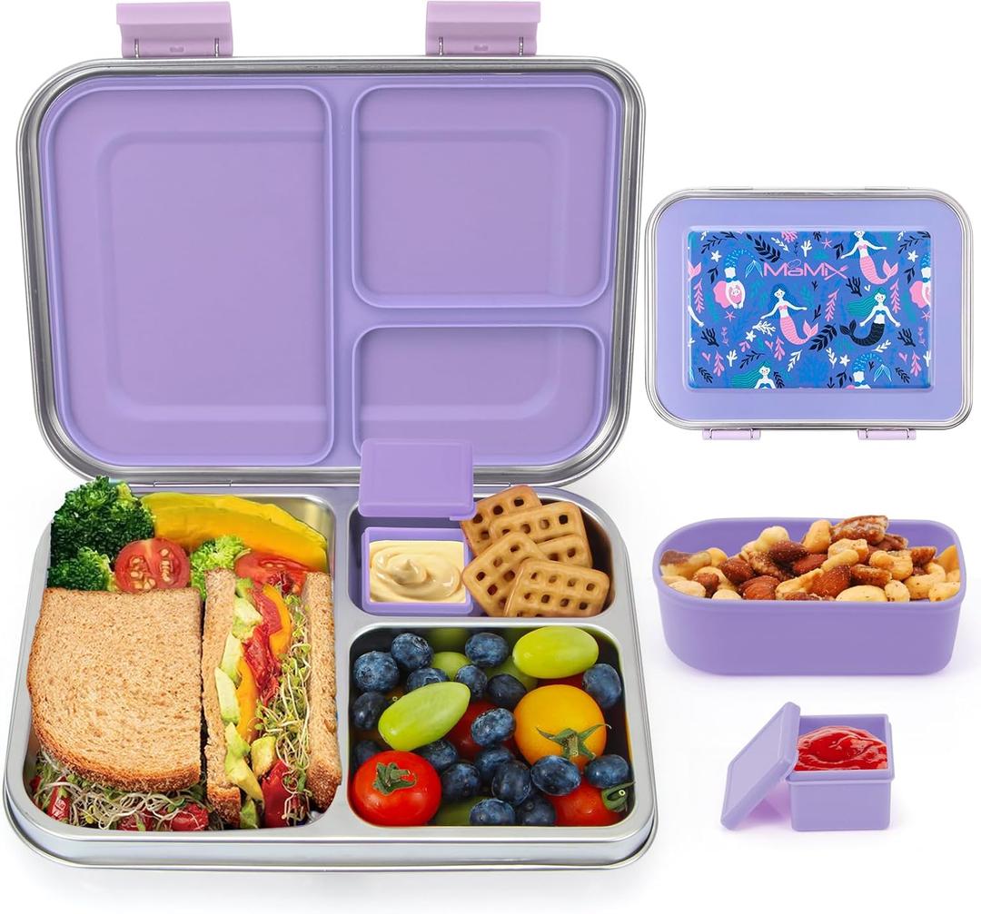 MaMix Kids Lunch Box Stainless Steel,3 Compartments Leak-Proof Bento Box for Kids for Sandwich, Lunch Containers Freezer Safe (purple)