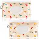 FEBSNOW 2 Pack Baby Wipes Dispenser, Portable Refillable Wipe Holder Baby Wipes Container Travel Wipes Case Reusable Wet Wipes Pouch (Dinosaur, Car) (Beige)